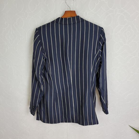 Vintage Avant‎ Garde Silk Jacket Womens 44 Navy Blue Pin Striped Italian Minimal - Picture 7 of 11